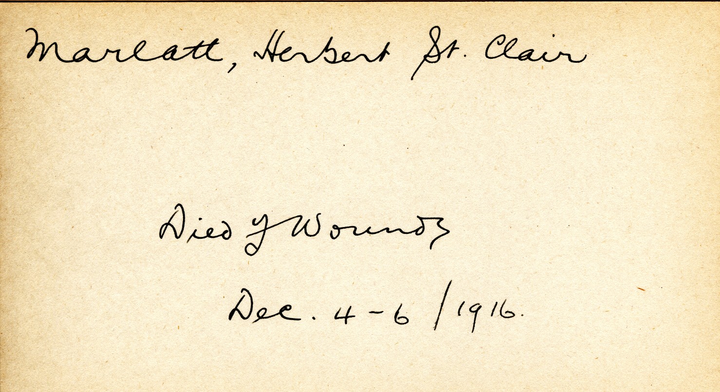 Card Describing Cause of Death of Marlatt, December 1916