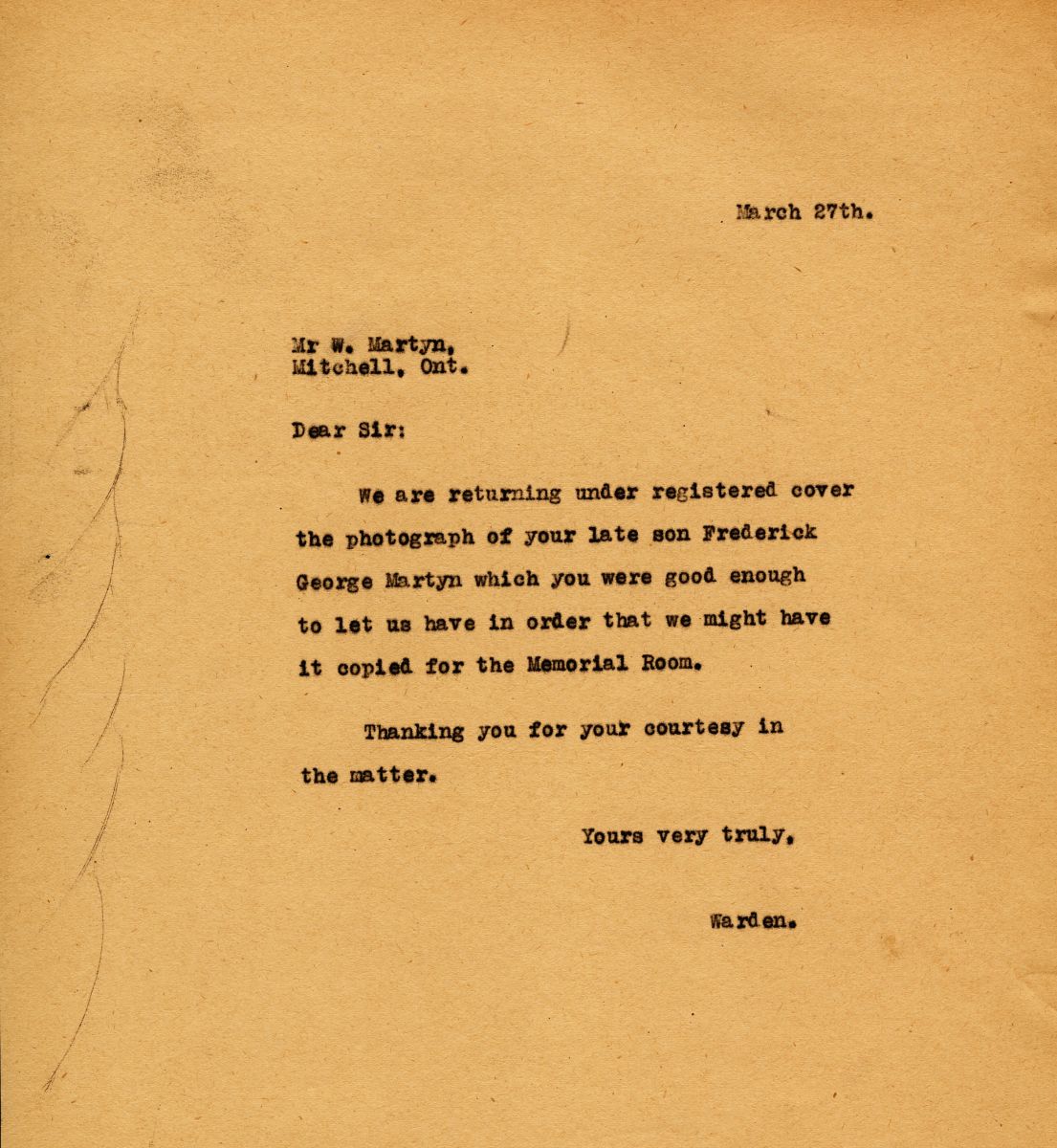 Letter from the Warden to Mr. W. Martyn, 27th March