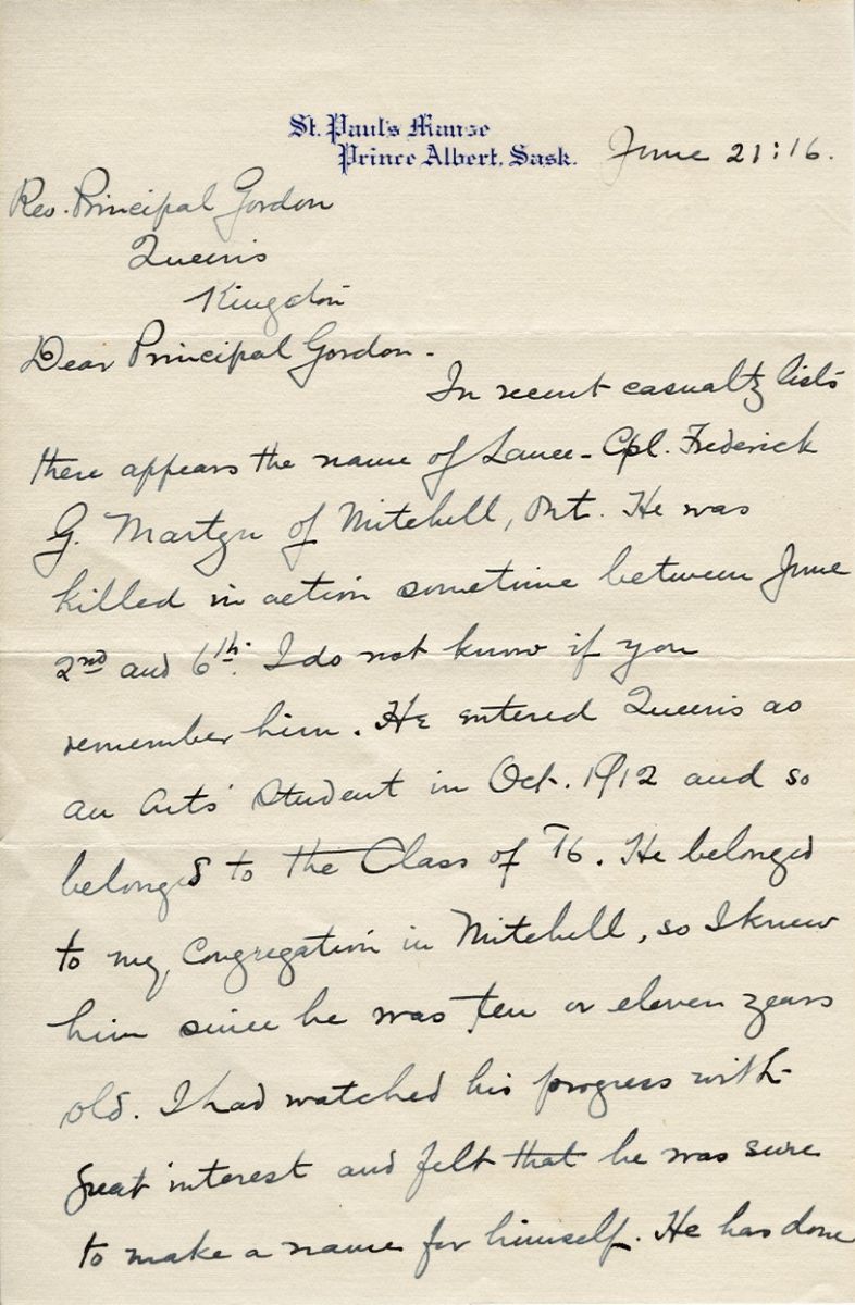 Letter from J.N. Macintosh to Principal Gordon, 21 June 1916, Page 1