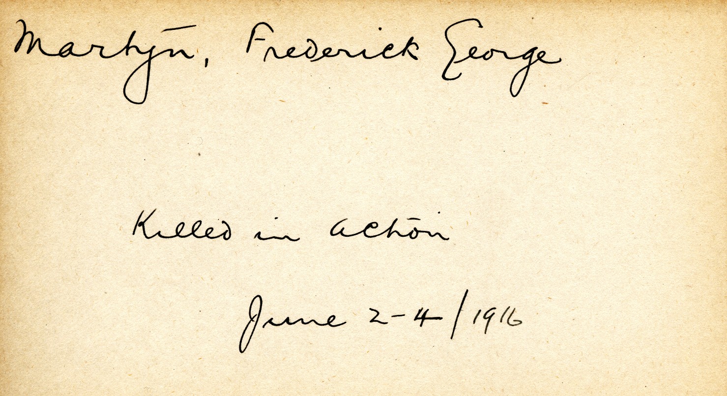 Card Describing Cause of Death of Martyn, June 1916