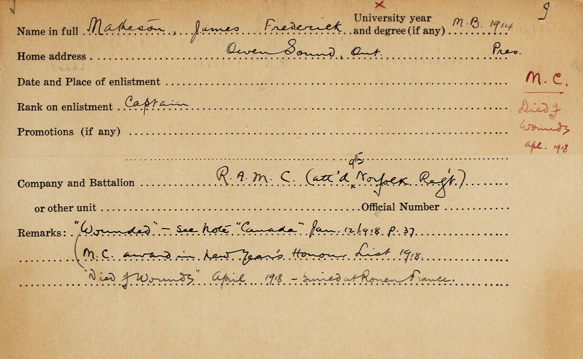 University Military Service Record of Matheson, Front Page