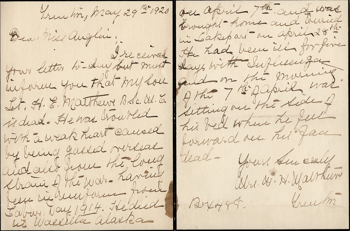Letter from Mrs. W.H. Matthews to Miss Anglin, 29th May 1920