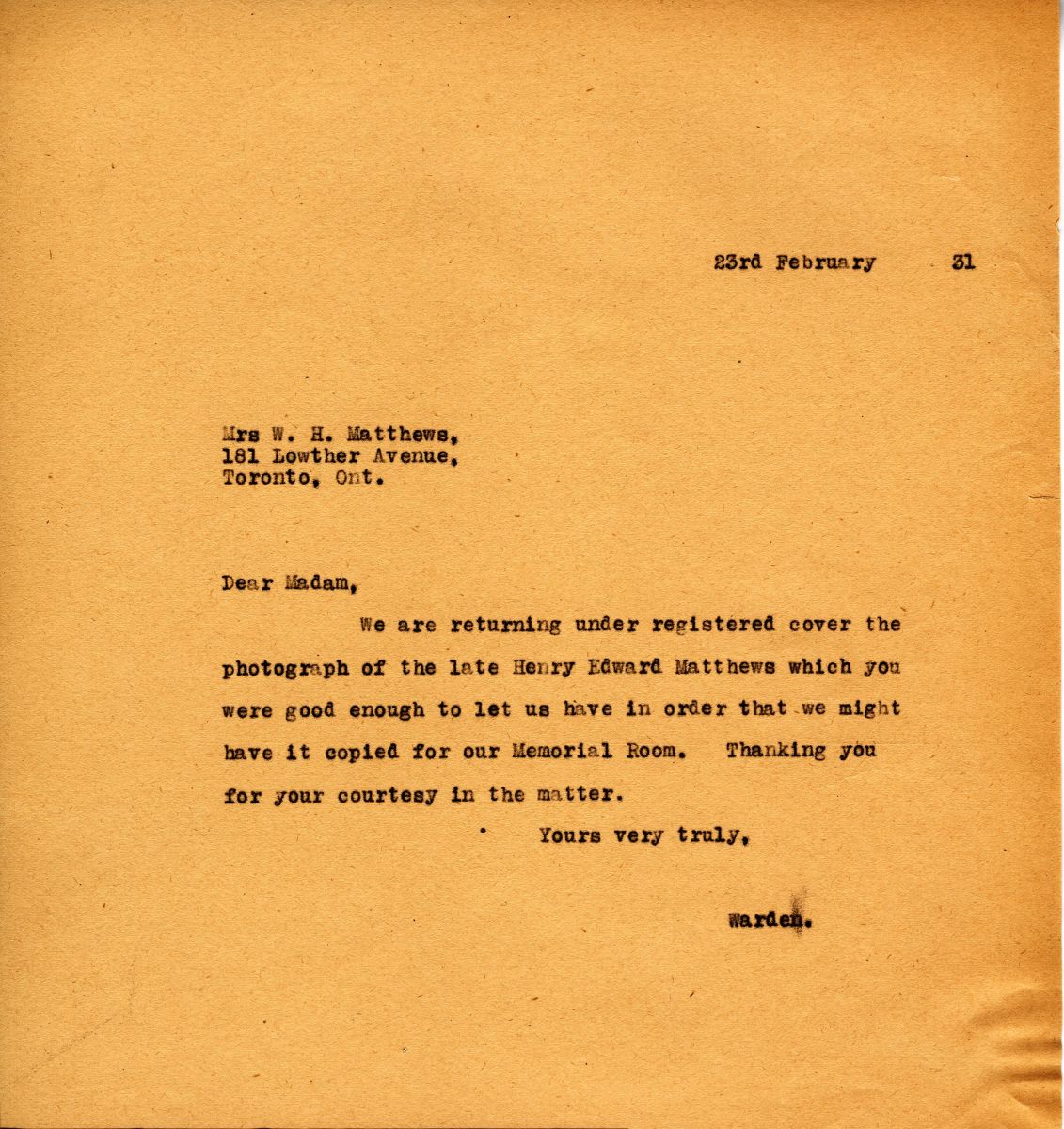 Letter from the Warden to Mrs. W.H. Matthews, 23rd February 1931