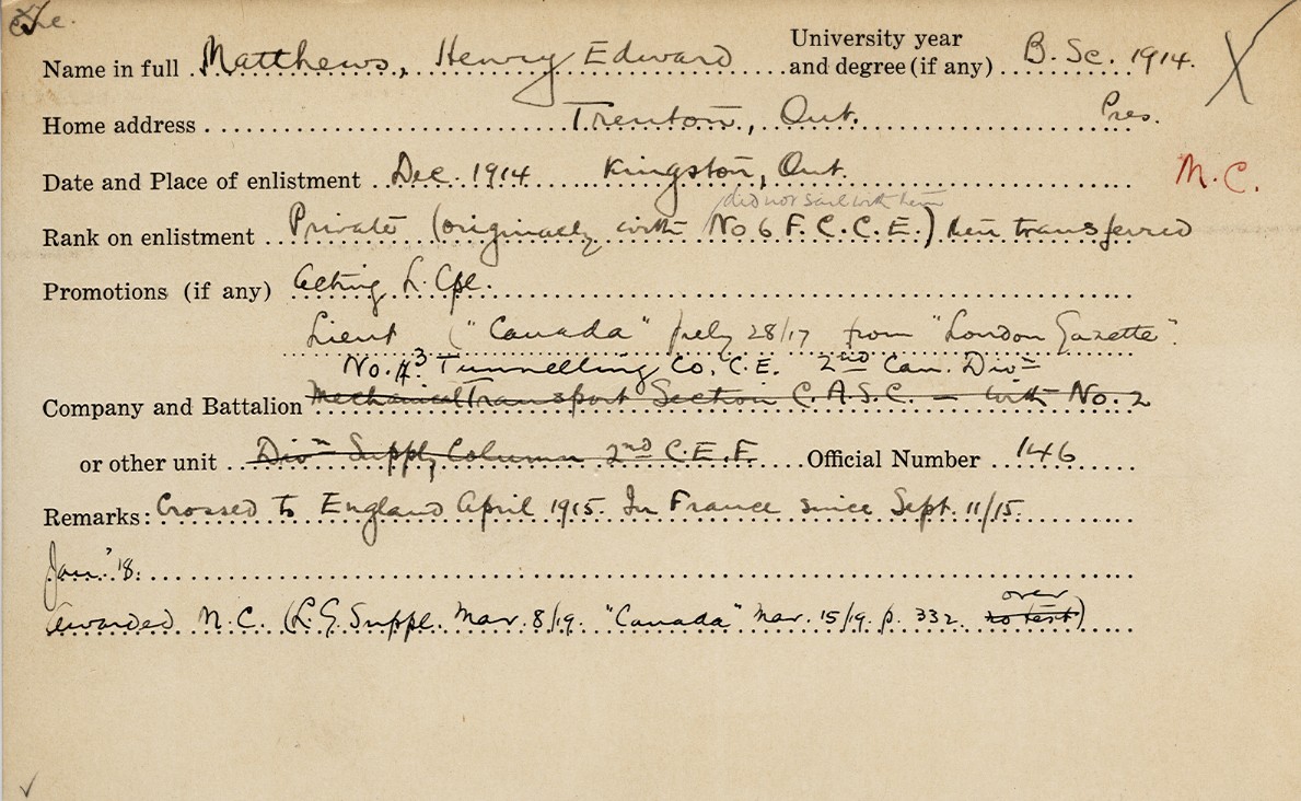 University Military Service Record of Matthews, Front Page