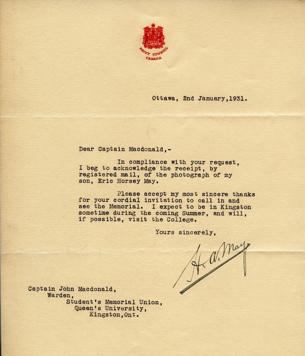 Letter from H.A. May to Captain John MacDonald, 2nd January 1931