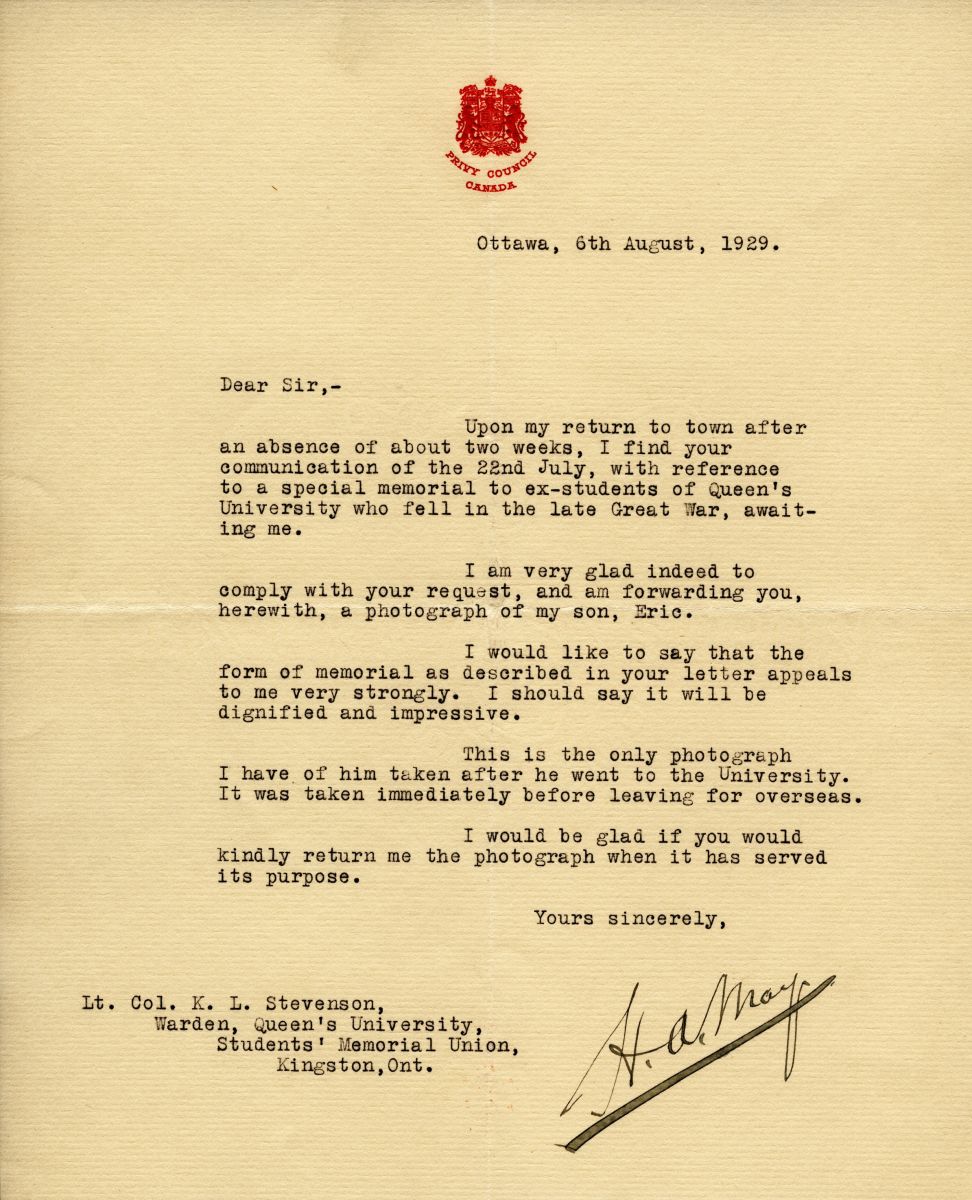 Letter from H.A. May to Lt. Col. K.L. Stevenson, 6th August 1929