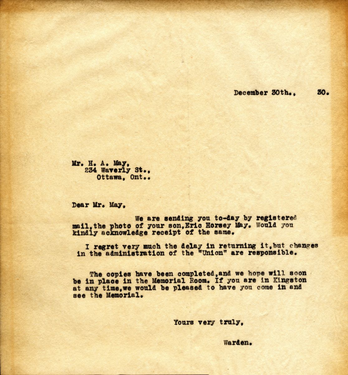Letter from the Warden to Mr. H.A. May, 30th December 1930