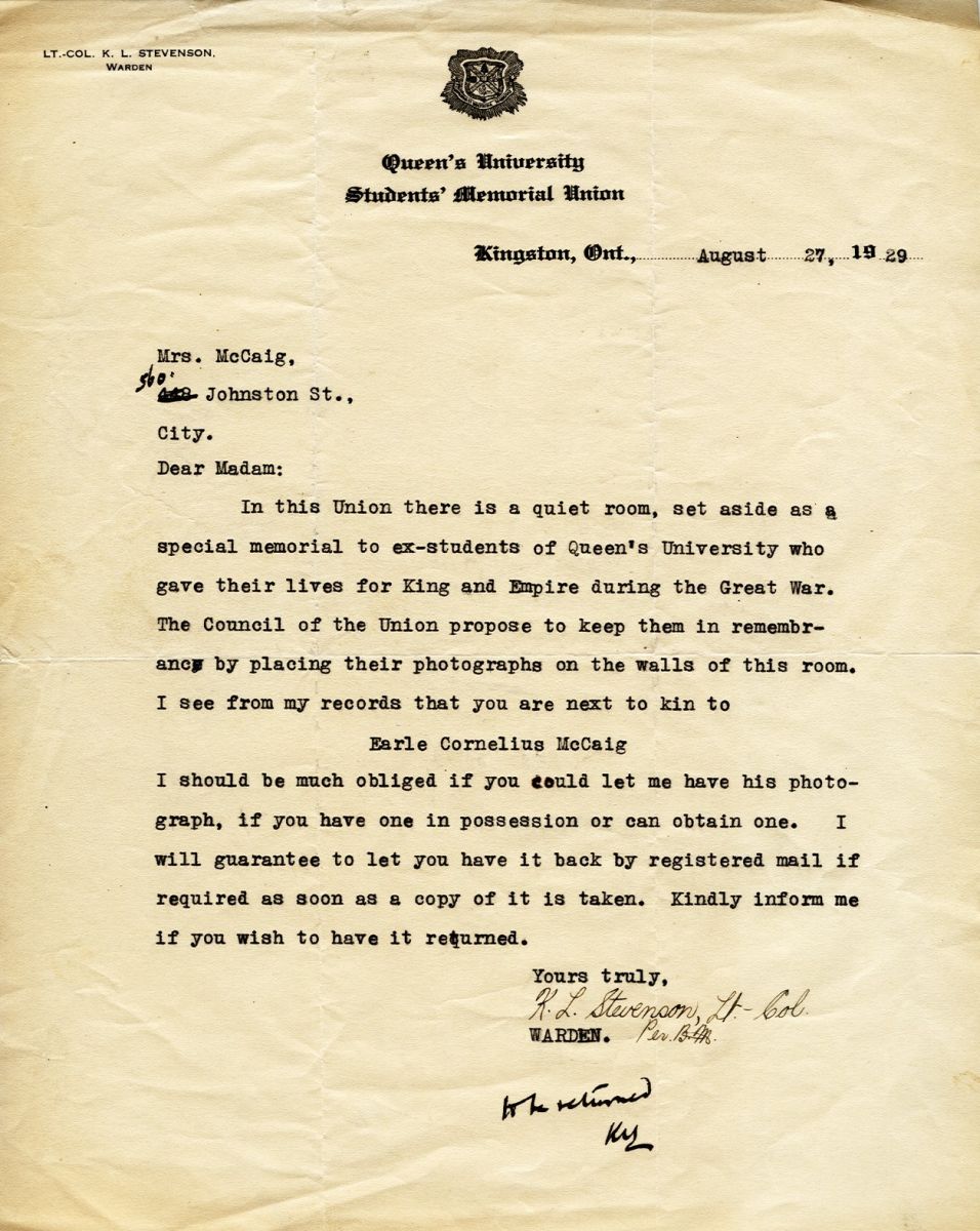 Letter from the Warden to Mrs. McCaig, 27th August 1929