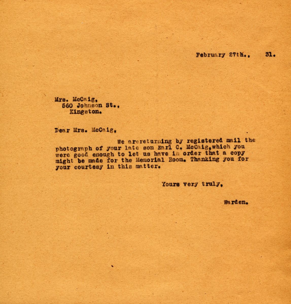 Letter from the Warden to Mrs. McCaig, 27th February 1931