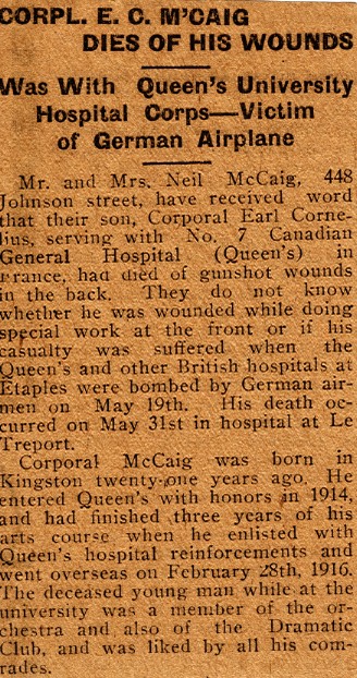 News Clipping Reporting Death of McCaig