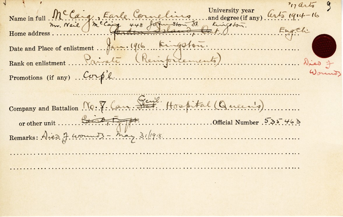 University Military Service Record of McCaig