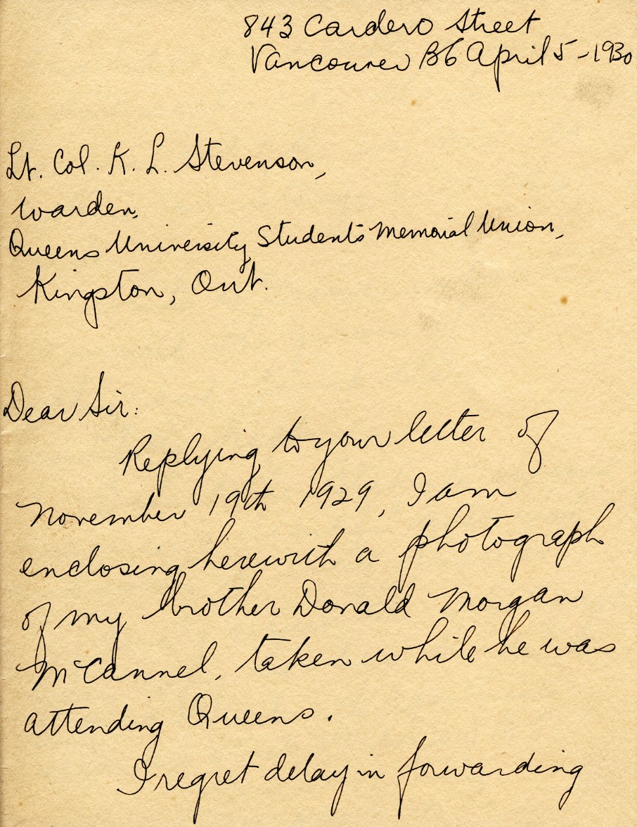 Letter from Margery S. McCannel to Lt. Col. K.L. Stevenson, 5th April 1930, Page 1