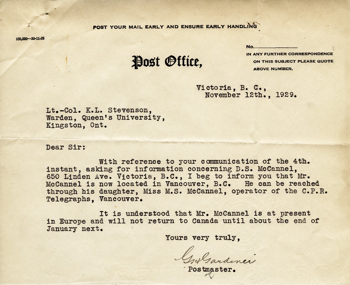 Letter from the Warden to Lt. Col. K.L. Stevenson, 12th November 1929