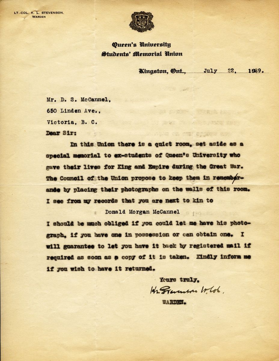 Letter from the Warden to Mr. D.S. McCannel