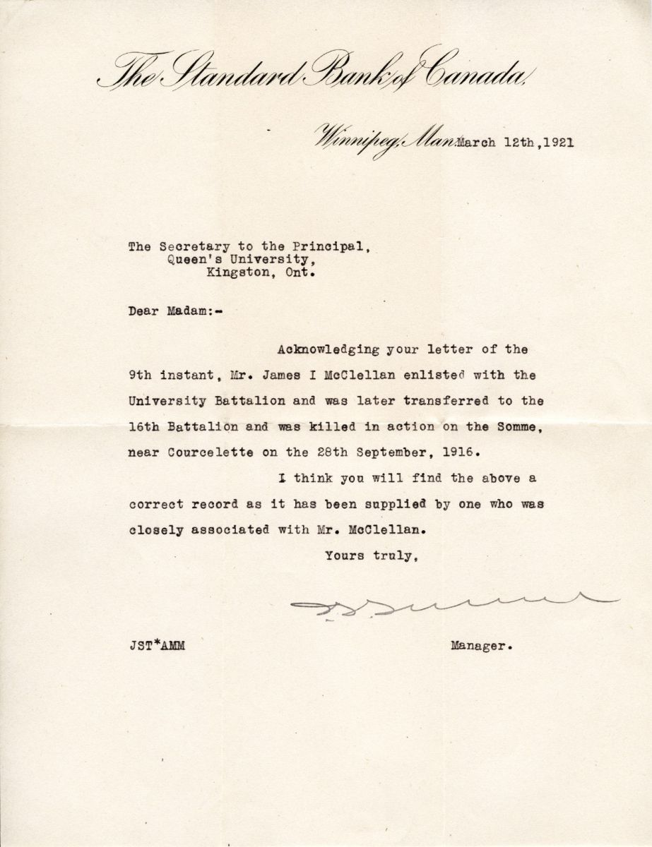 Letter from the Manager of Standard Bank of Canada to Secretary of Principal of Queen's University, 12th March 1921