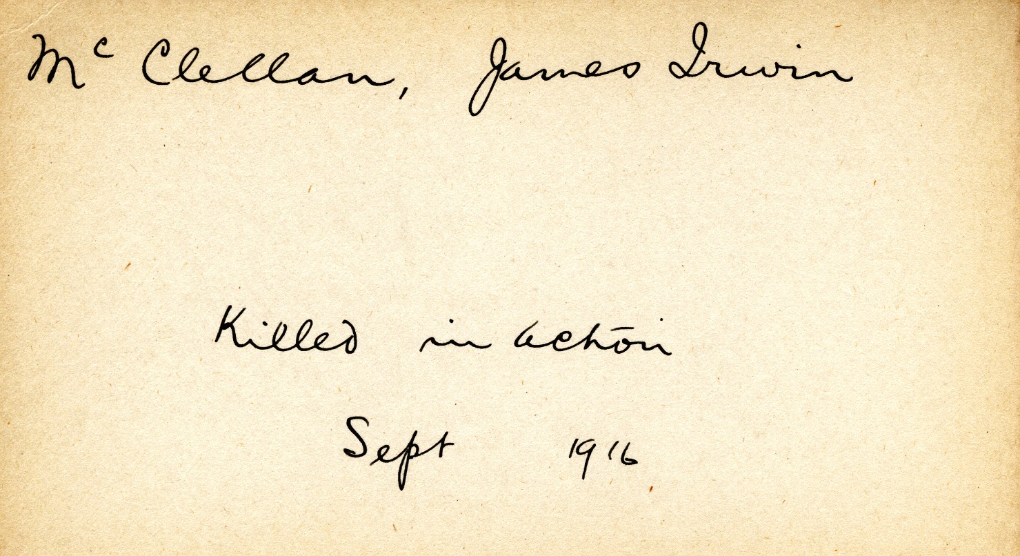 Card Describing Cause of Death of James Irvin McClellan