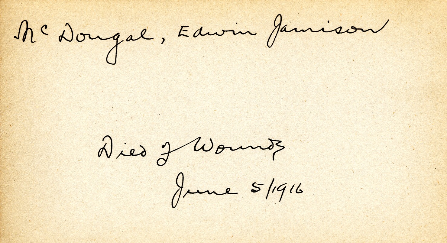 Card Describing Cause of Death of McDougal, 5th June 1916