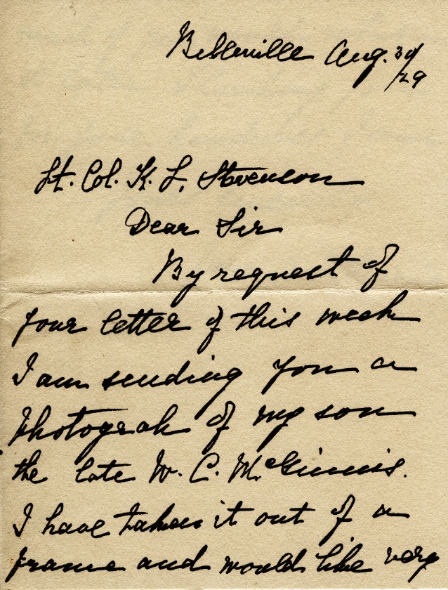 Letter from Jane A. McGinnis to Lt. Col. K.L. Stevenson, 30th August 1929, Page 1