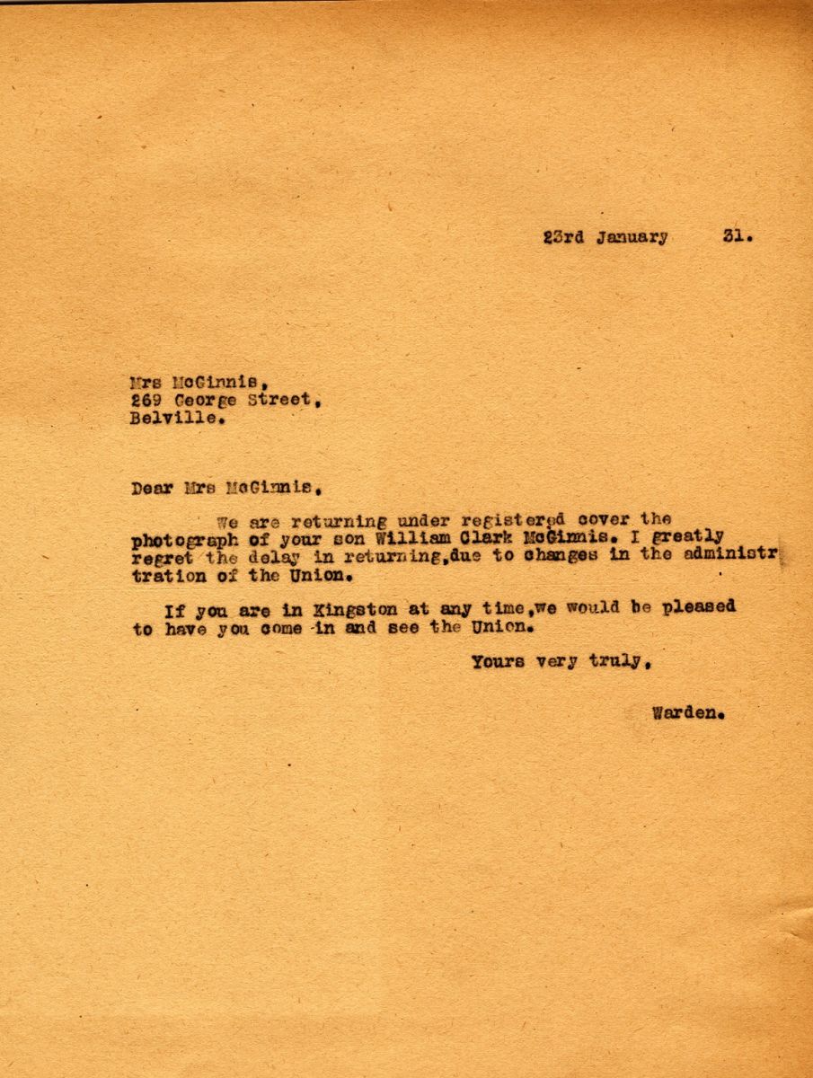 Letter from the Warden to Mrs. McGinnis, 23rd January 1931 