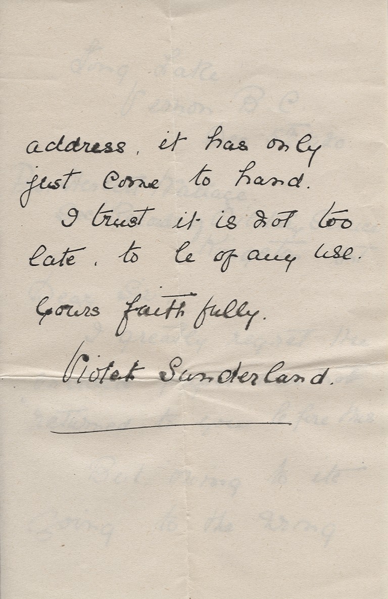 Letter from Violet Sunderland to Professor Herbert Wallace, 5th December 1920, Page 2