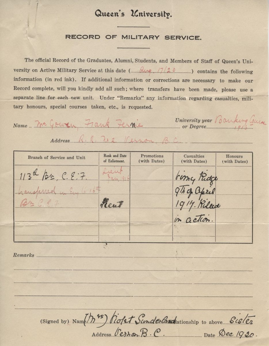 Frank Fernie McGowen, Queen's University Record of Military Service