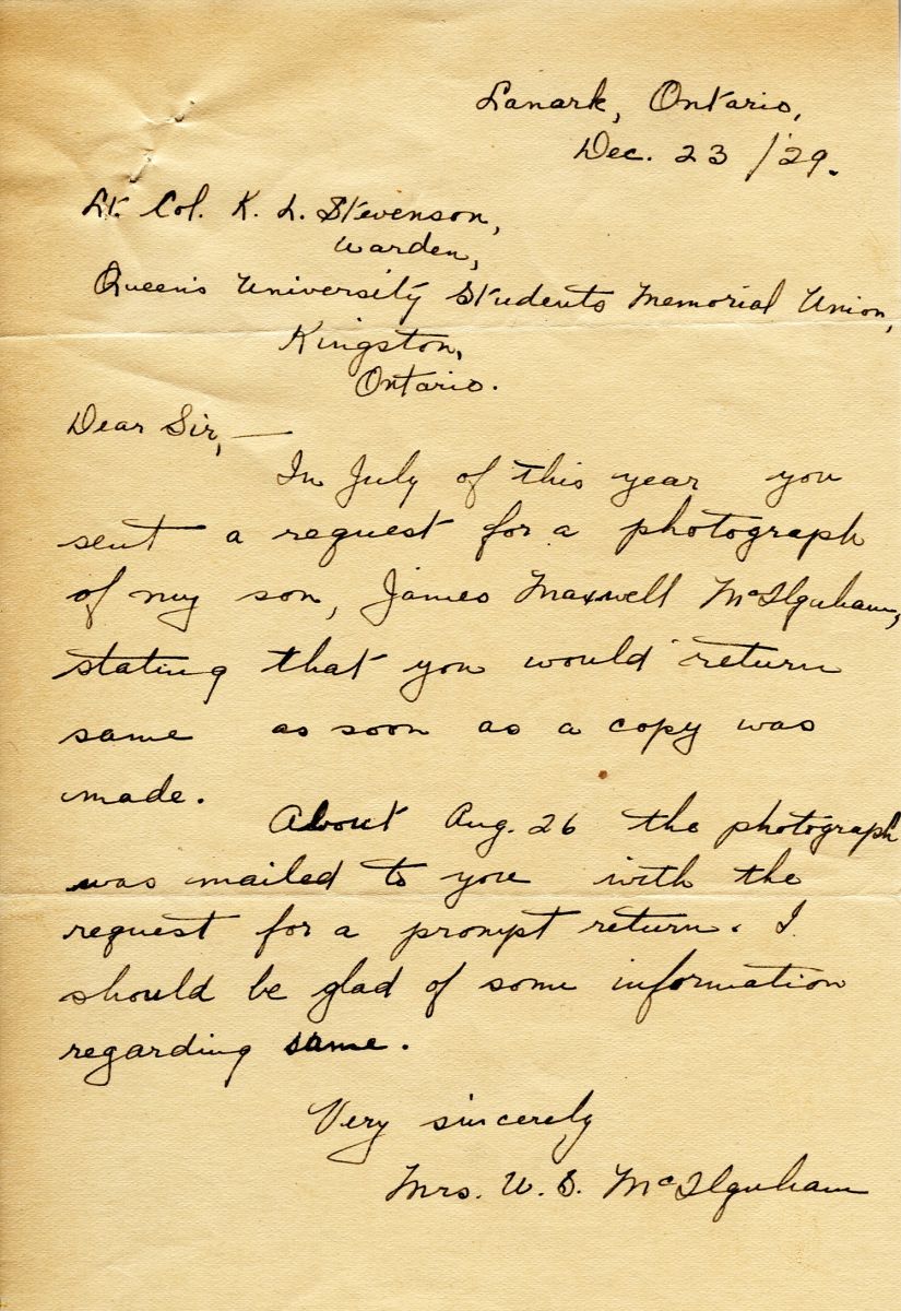 Letter from Mrs. W.S. Mcllquhan to Lt. Col. K.L. Stevenson, 23rd December 1929