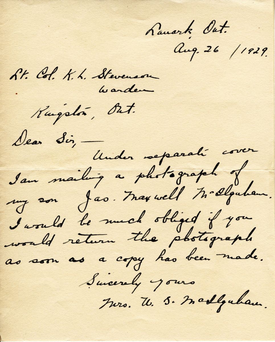 Letter from Mrs. W.S. Mcllquhan to Lt. Col. K.L. Stevenson, 26th August 1929
