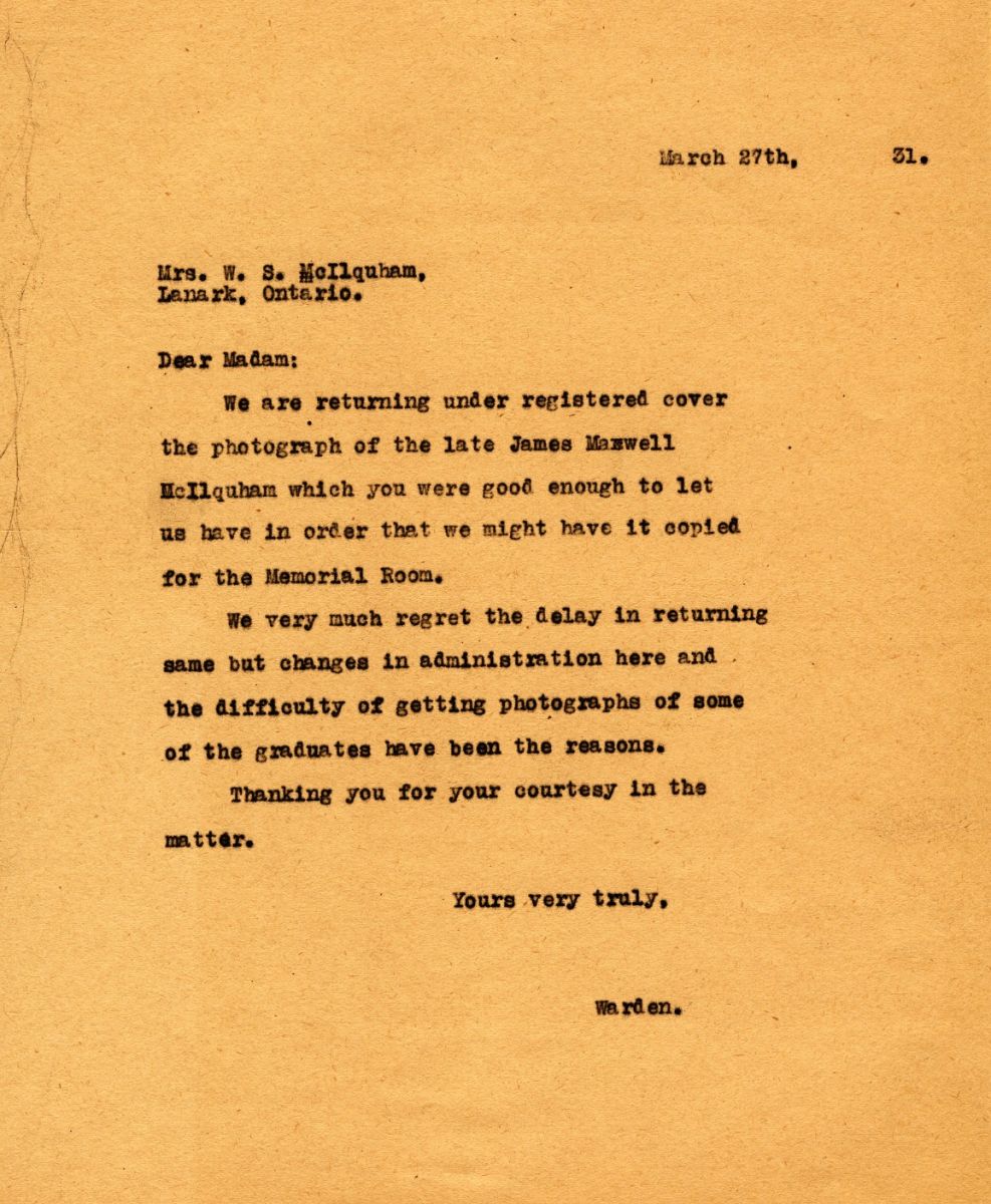 Letter from the Warden to Mrs. W.S. Mcllquhan, 27th March 1931