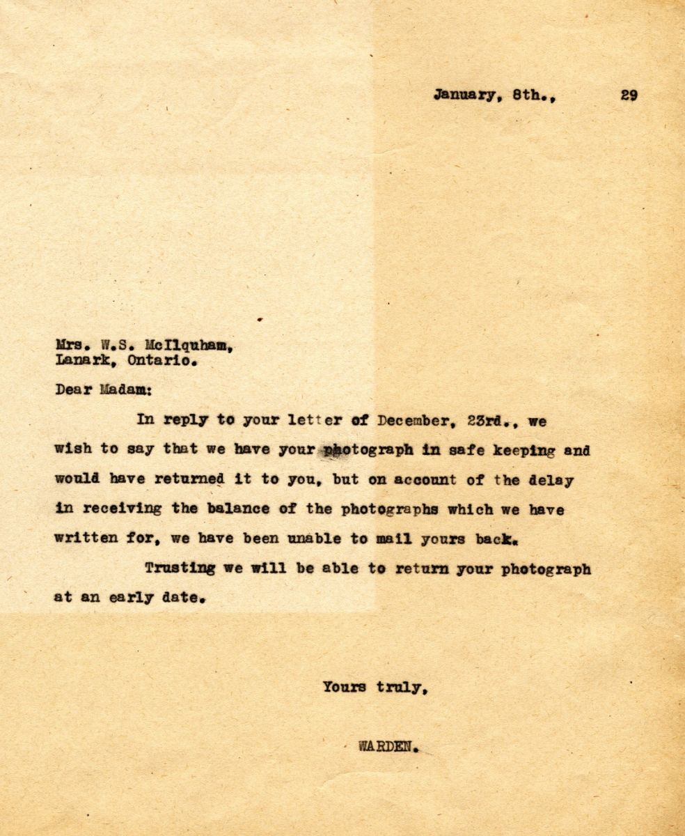 Letter from the Warden to Mrs. W.S. Mcllquhan, 8th January 1929