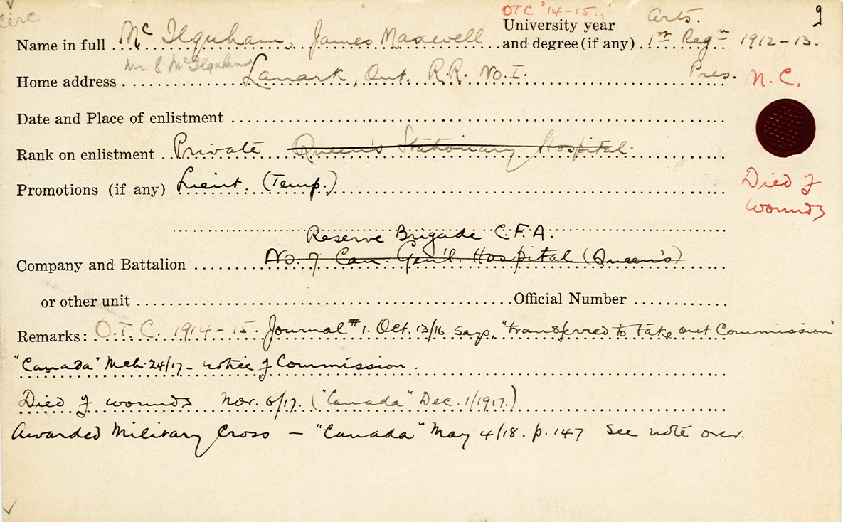 University Military Service Record of Mcllquhan, Front Page