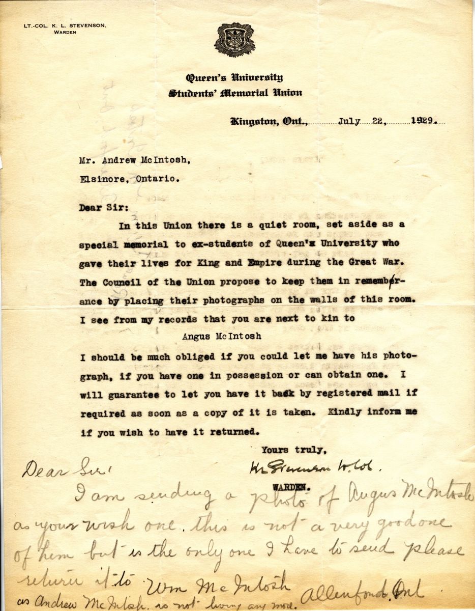 Letter from the Warden to Mr. Andrew McIntosh, 22nd July 1929