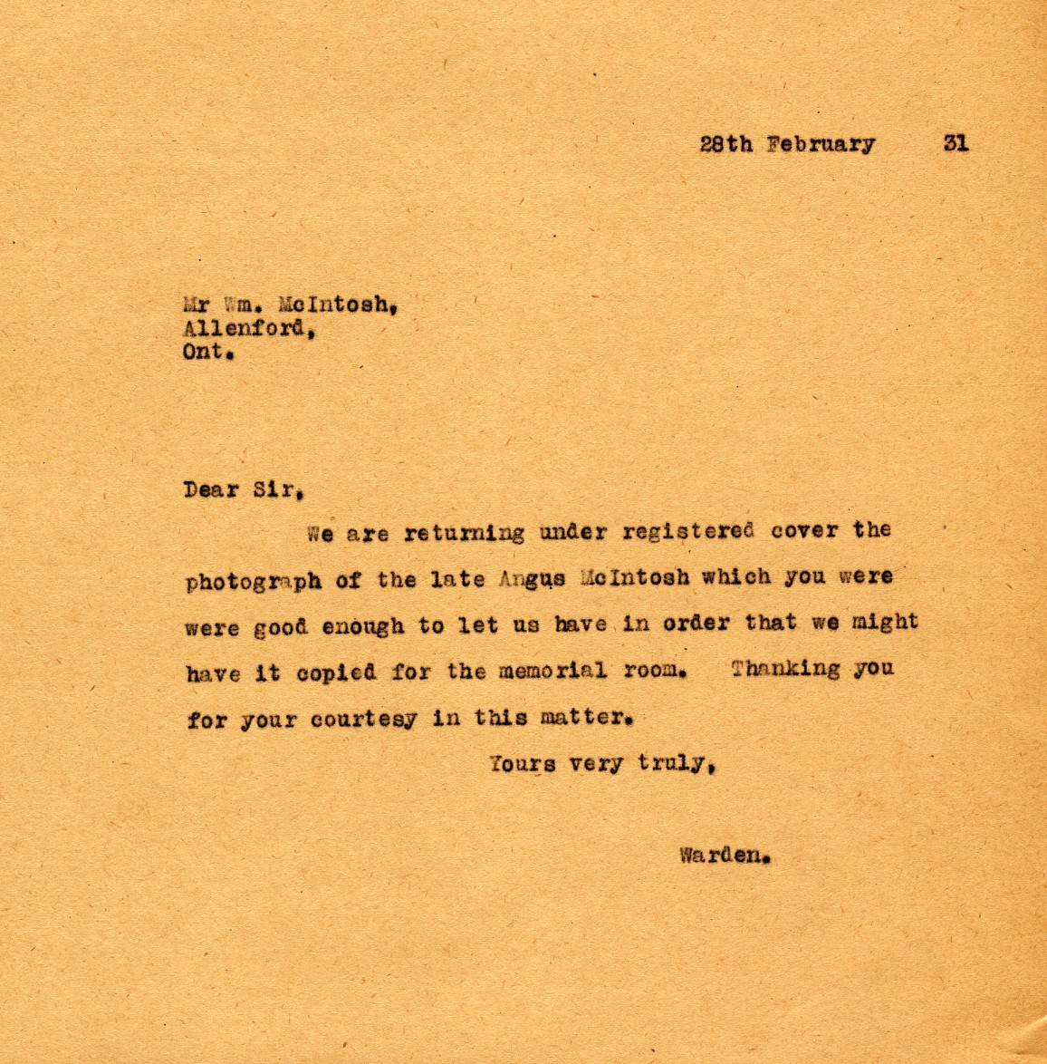 Letter from the Warden to Mr. Wm. McIntosh, 28th February 1931