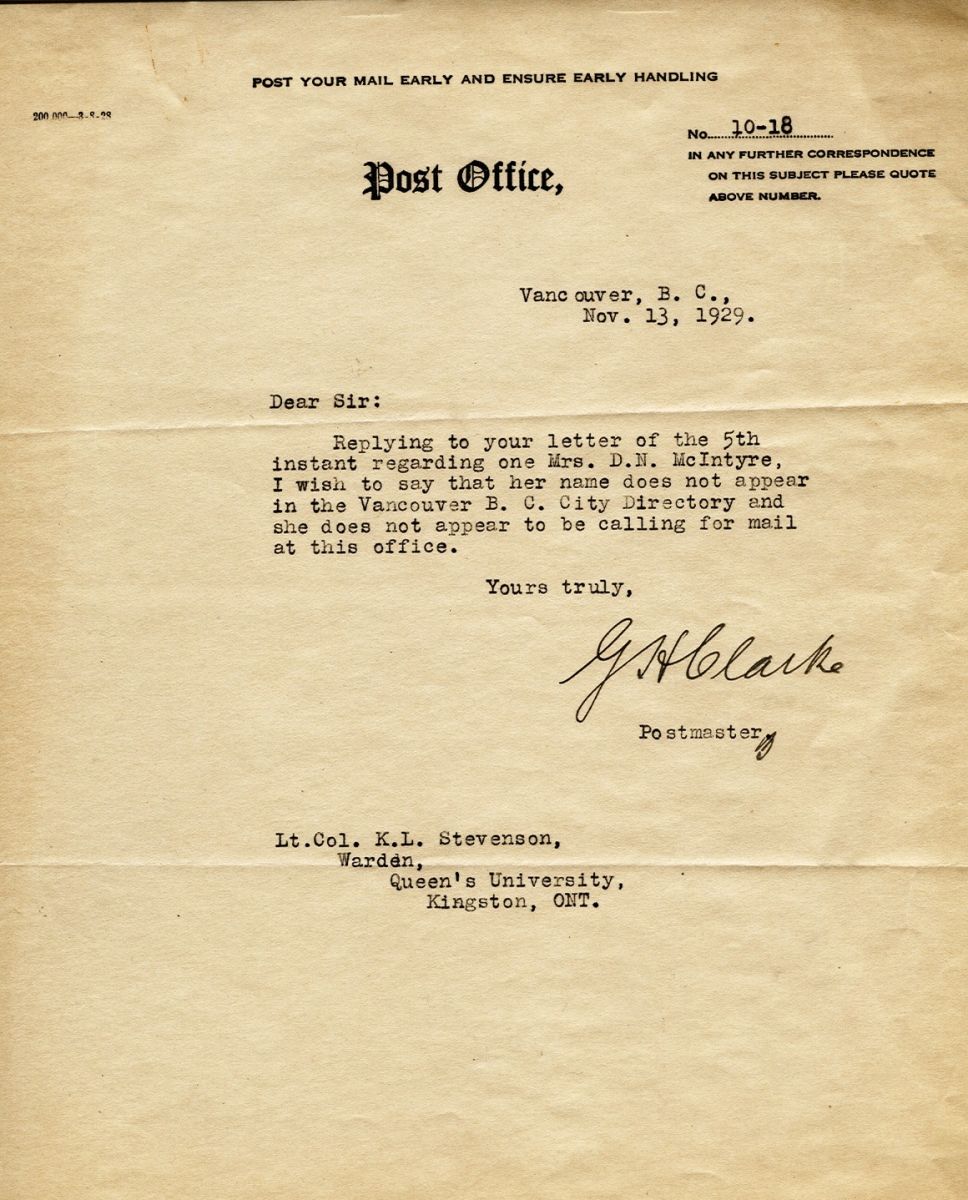 Letter from the Warden to Lt. Col. K.L. Stevenson, 13th November 1929