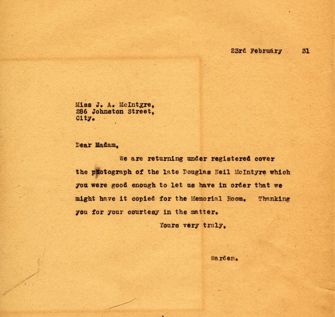 Letter from the Warden to Miss J.A. McIntyre, 23rd February 1931