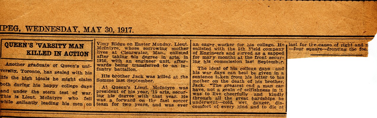 News Clipping Reporting Death of McIntyre, 30th May 1917