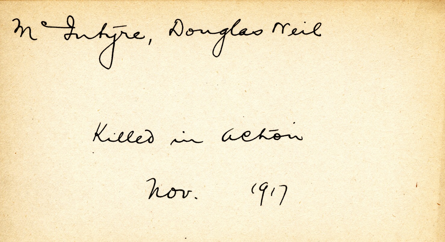 Card Describing Cause of Death of McIntyre, November 1917