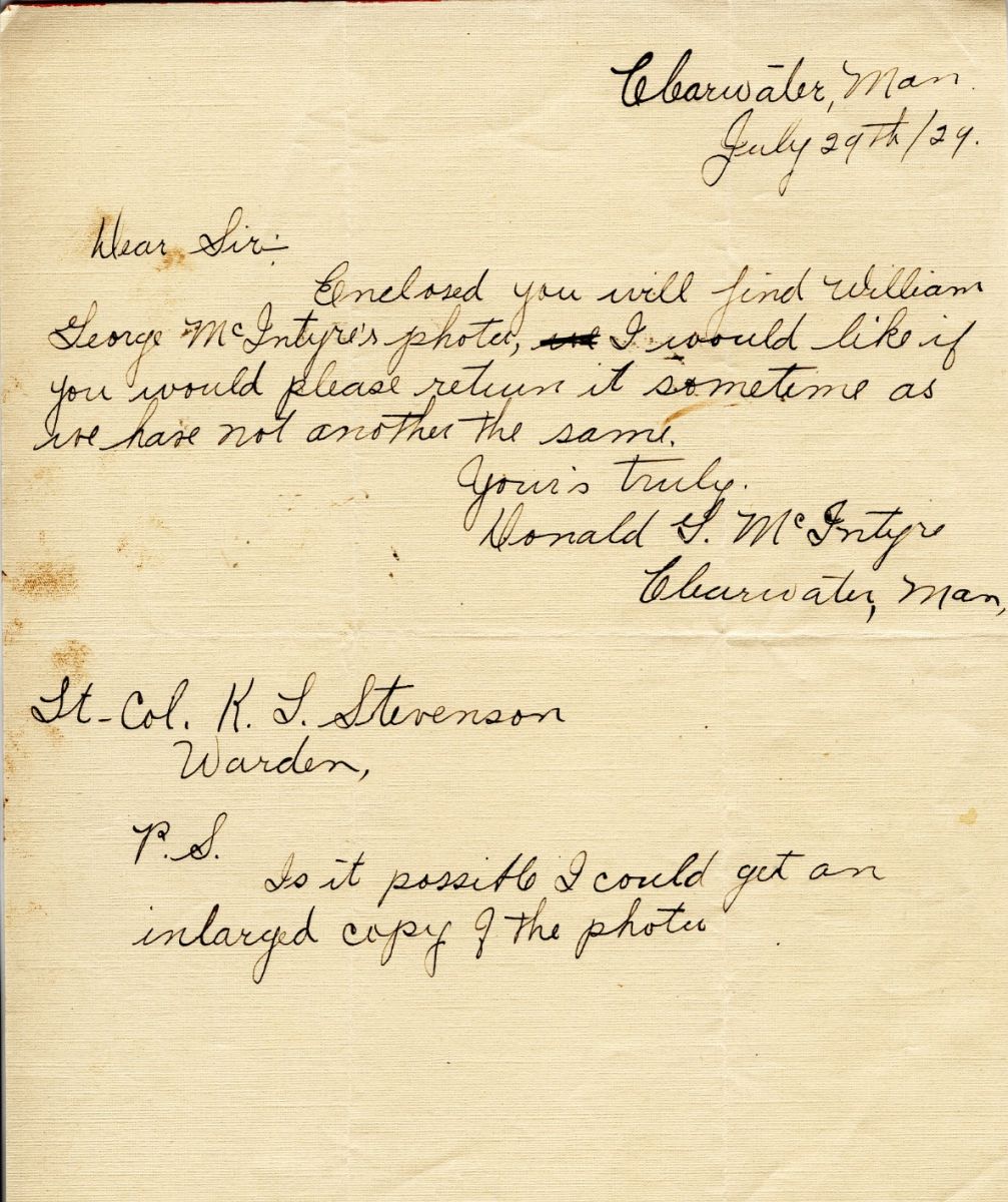 Letter from Donald G.M. McIntyre to Lt. Col. K.L. Stevenson, 29th July 1929