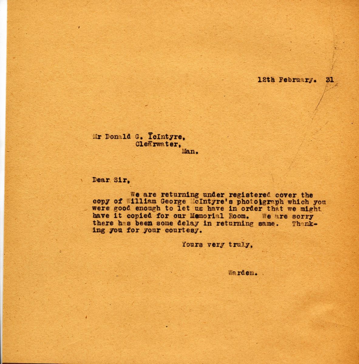 Letter from the Warden to Mr. Donald G. McIntyre, 12th February 1931