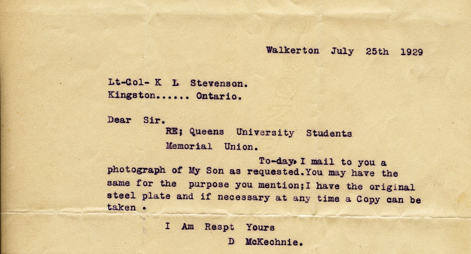 Letter from D McKechnie to Lt. Col. K.L. Stevenson, 25th July 1929