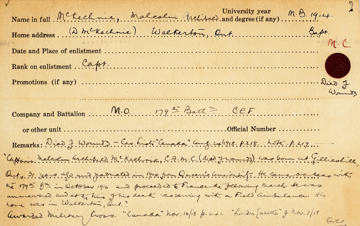 University Military Service Record of McKechnie, Page 1