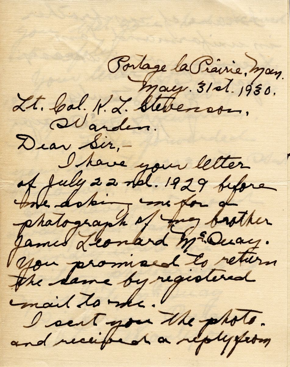 Letter from Kate McQuay to Lt. Col. K.L. Stevenson, 31st May 1930, Page 1