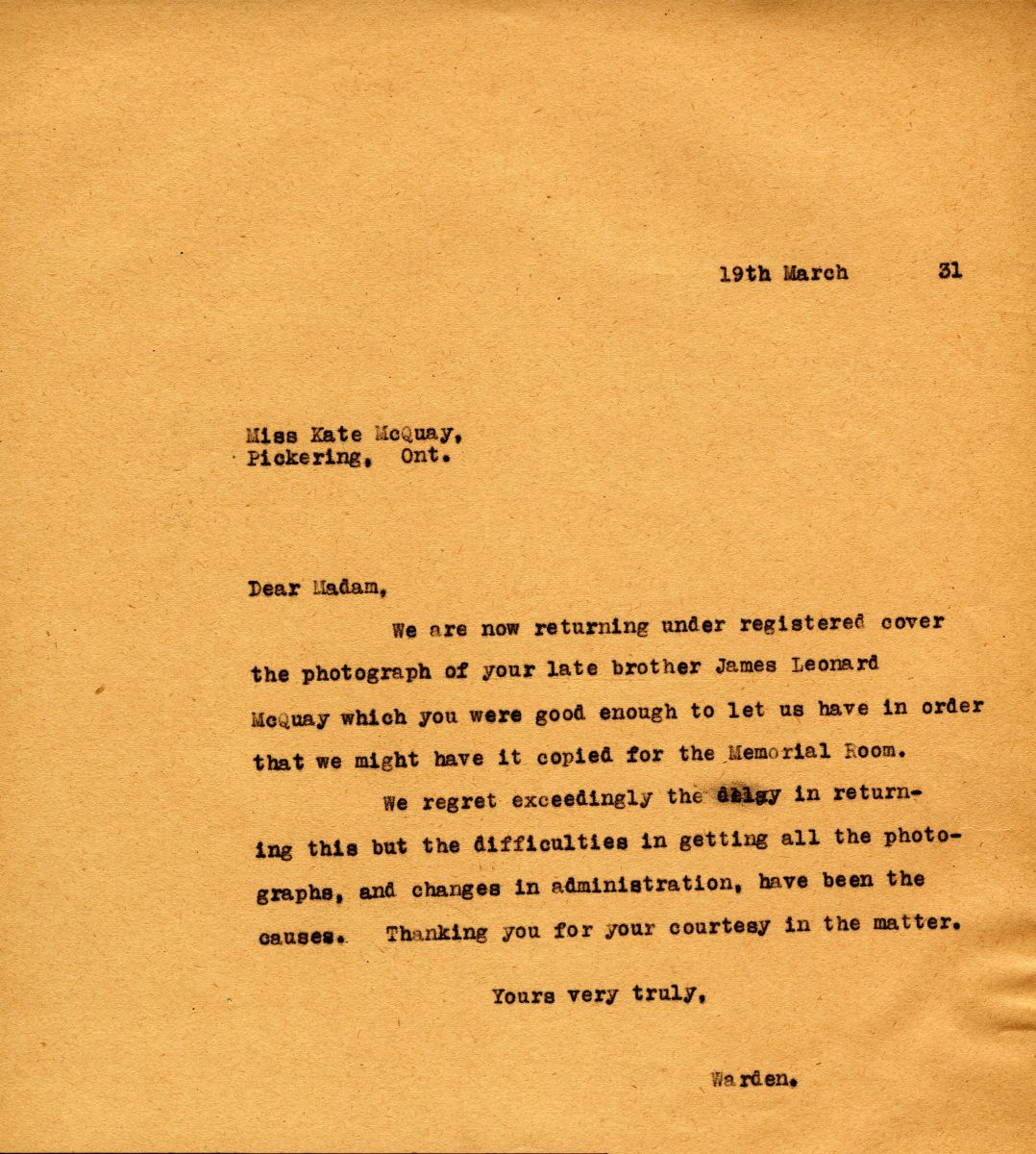 Letter from the Warden to Miss Kate McQuay, 19th March 1931