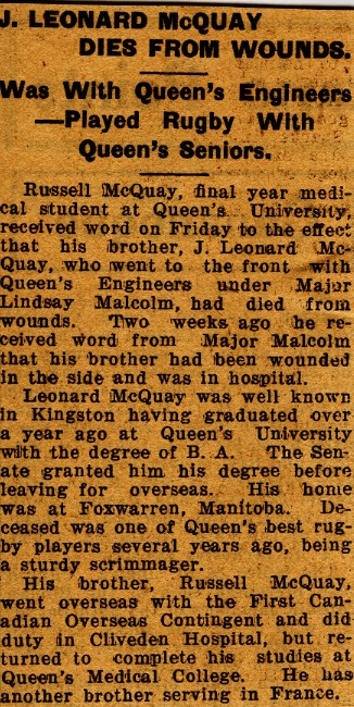 News Clipping Reporting Death of McQuay