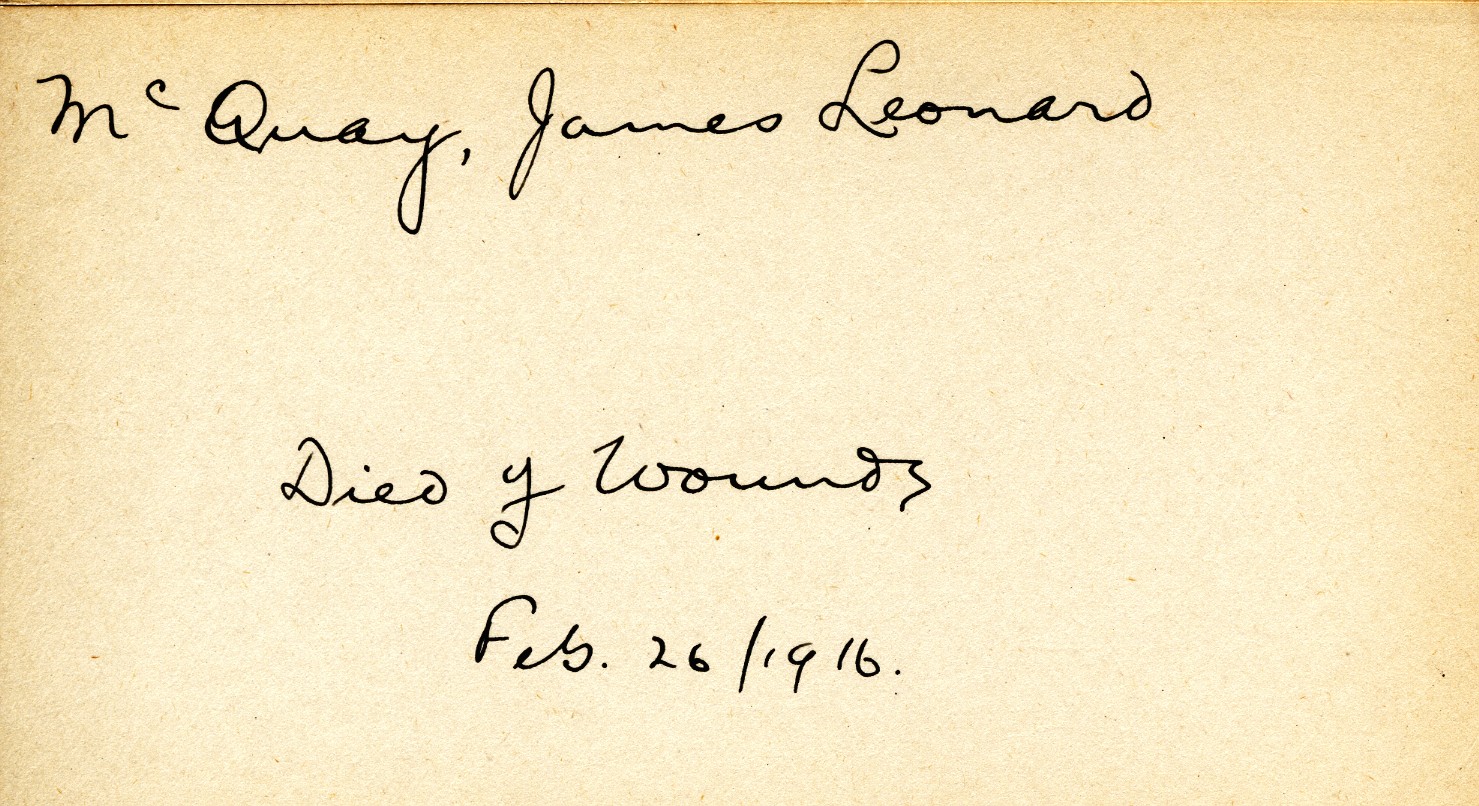 Card Describing Cause of Death of McQuay, 26th February 1916