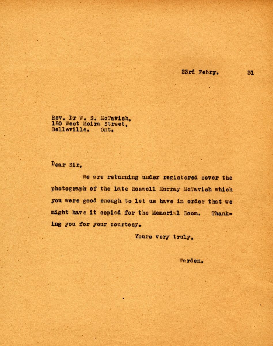 Letter from the Warden to Rev. Dr. W.S. MacTavish, 23rd February 1931 