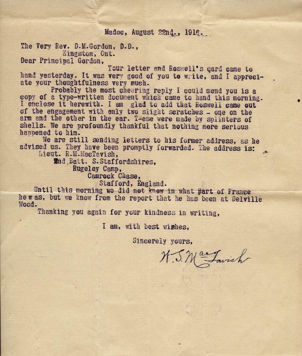 Letter from W.S. MacTavish to Rev. D.M. Gordon, 22nd August 1916