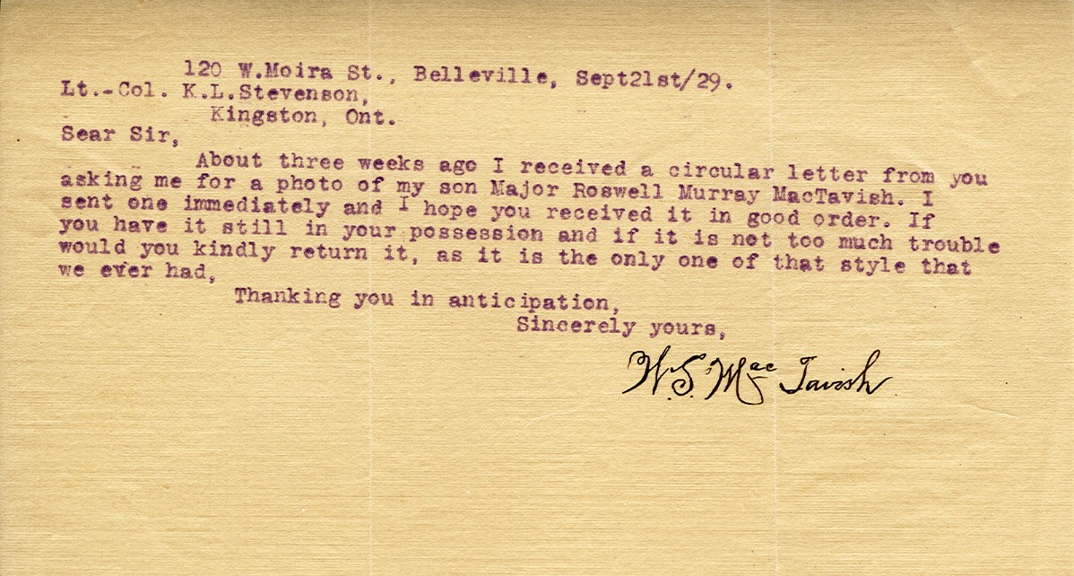 Letter from W.S. MacTavish to Lt. Col. K.L. Stevenson, 21st September 1929