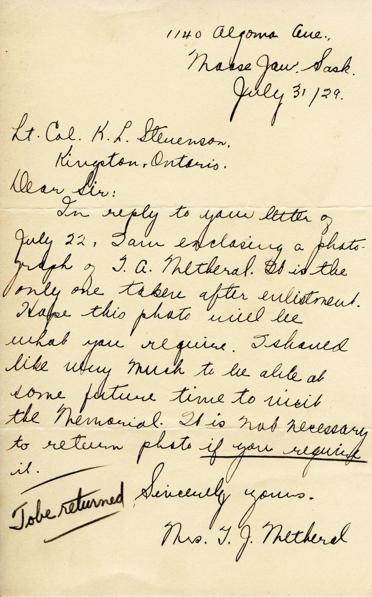 Letter from Mrs. T.J. Metheral to Lt. Col. K.L. Stevenson, 31st July 1929