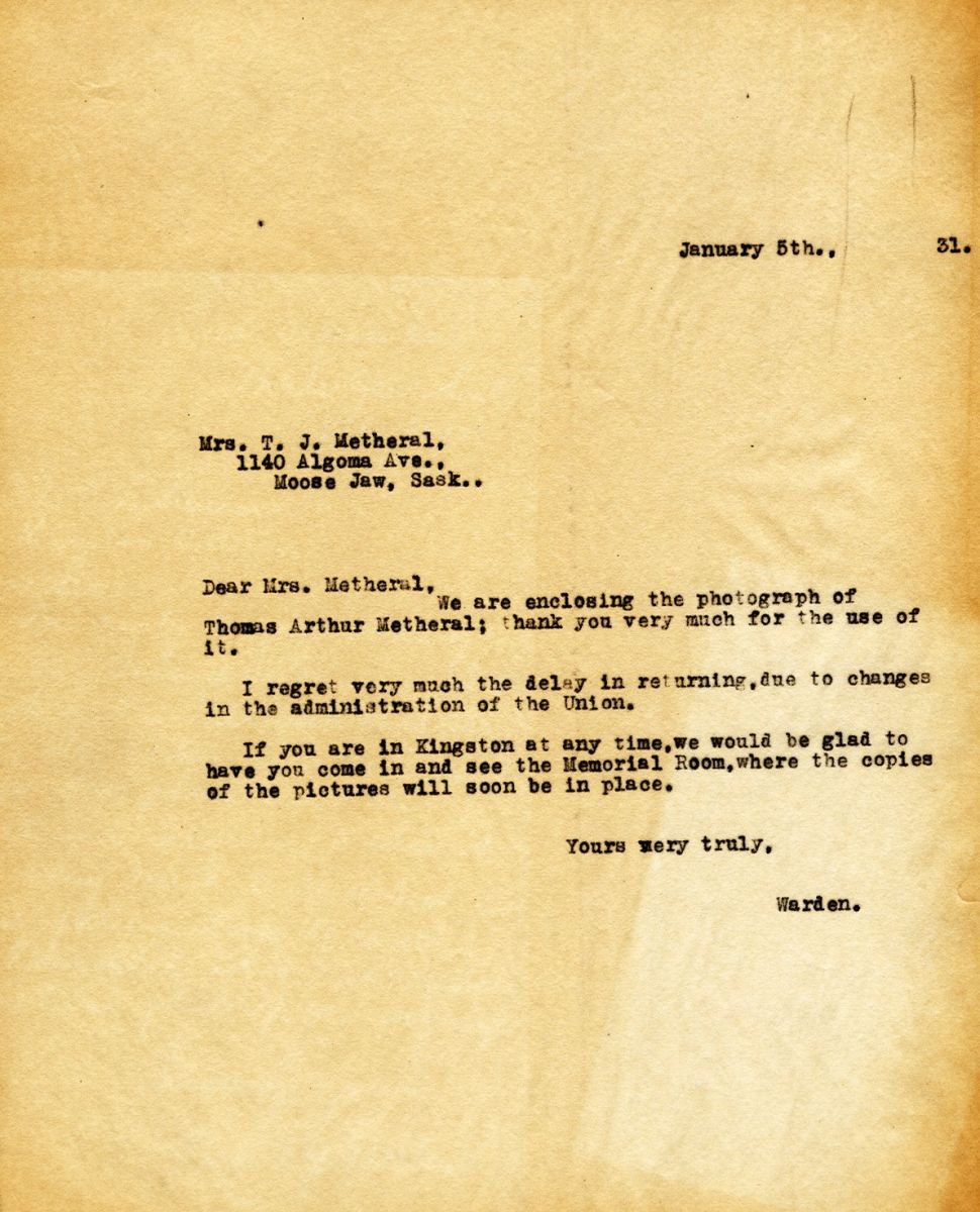 Letter from the Warden to Mrs. T.J.Metheral,5th January 1931 