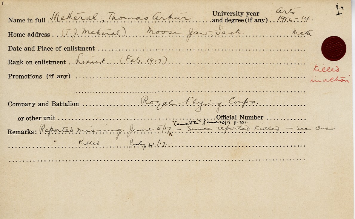 University Military Service Record of Metheral, Front Page